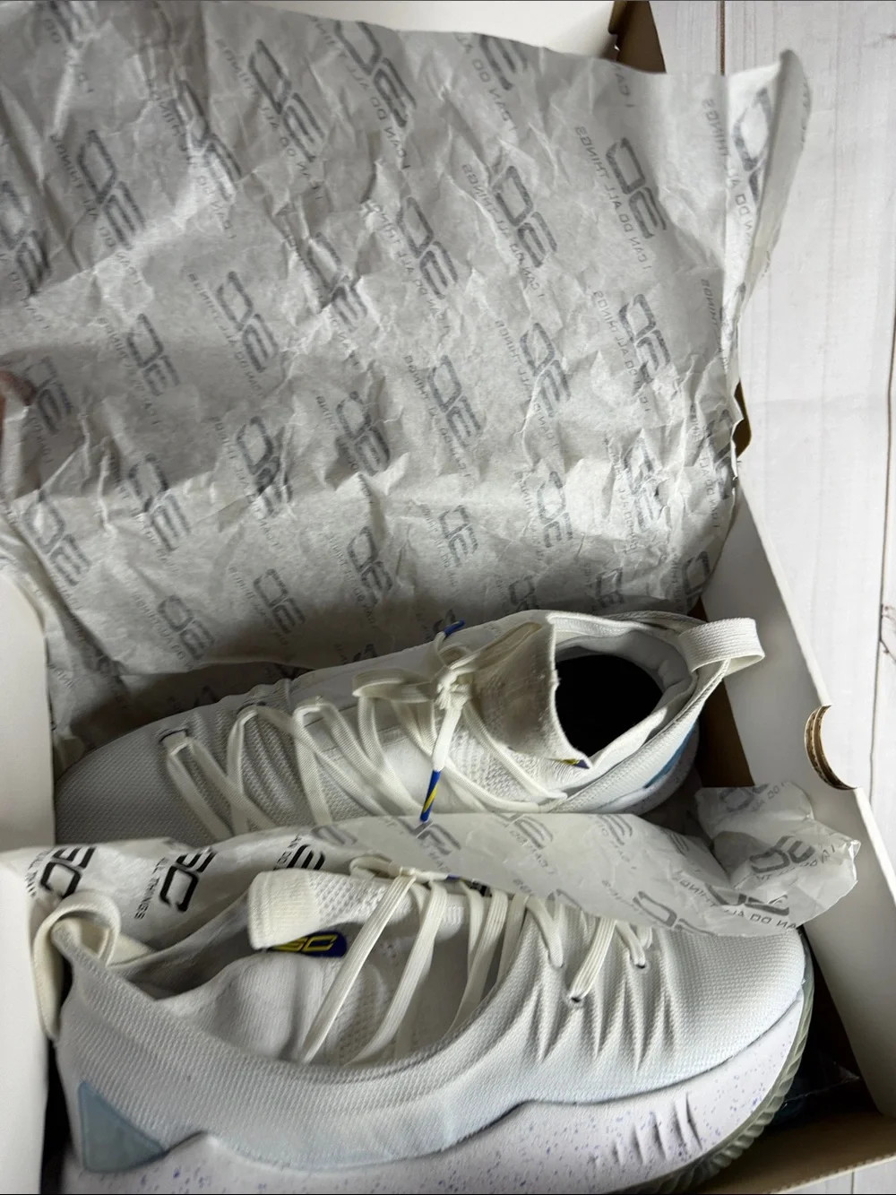 Collectable Under Armour Curry 5 Men's White Sneakers with Light Blue Accents